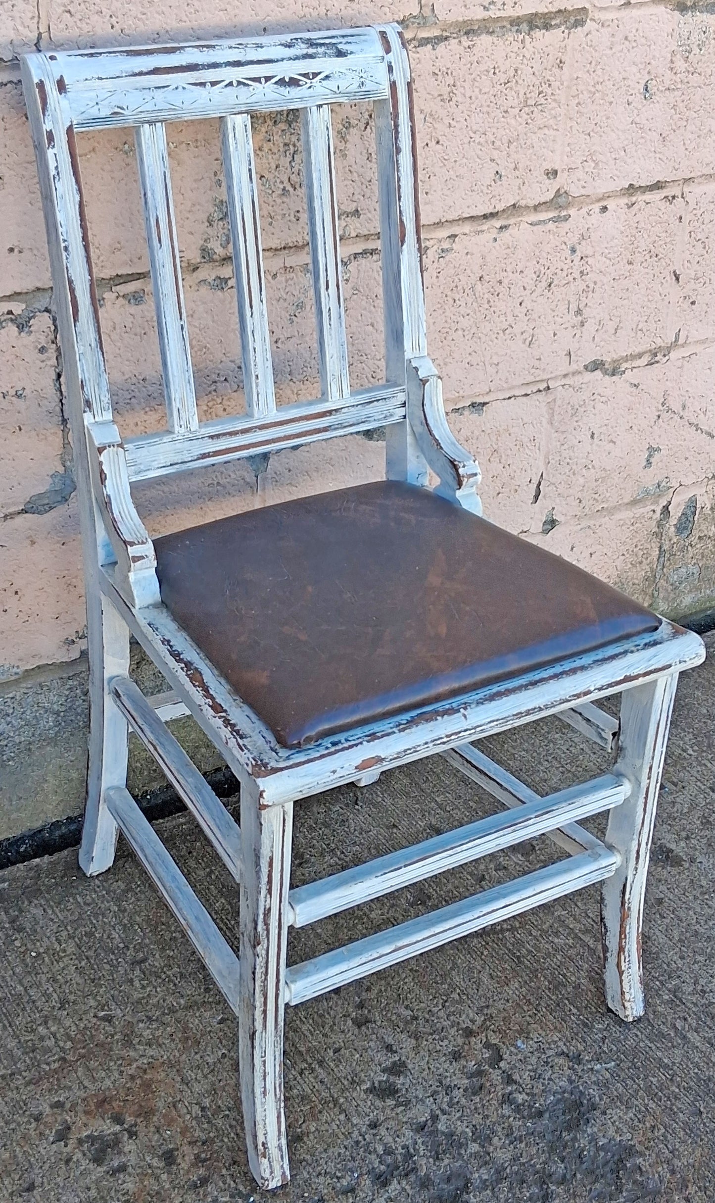 Antique Vintage Distressed Farmhouse Painted Reclaimed Salvaged SOLID Wood Wooden Side Dining Lounge Accent Chair Upholstered Vinyl Fabric Seat