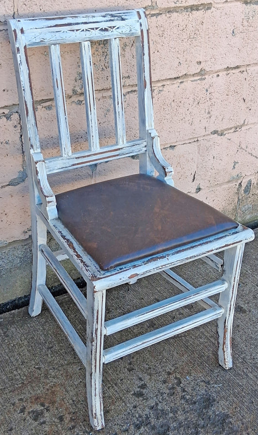 Antique Vintage Distressed Farmhouse Painted Reclaimed Salvaged SOLID Wood Wooden Side Dining Lounge Accent Chair Upholstered Vinyl Fabric Seat