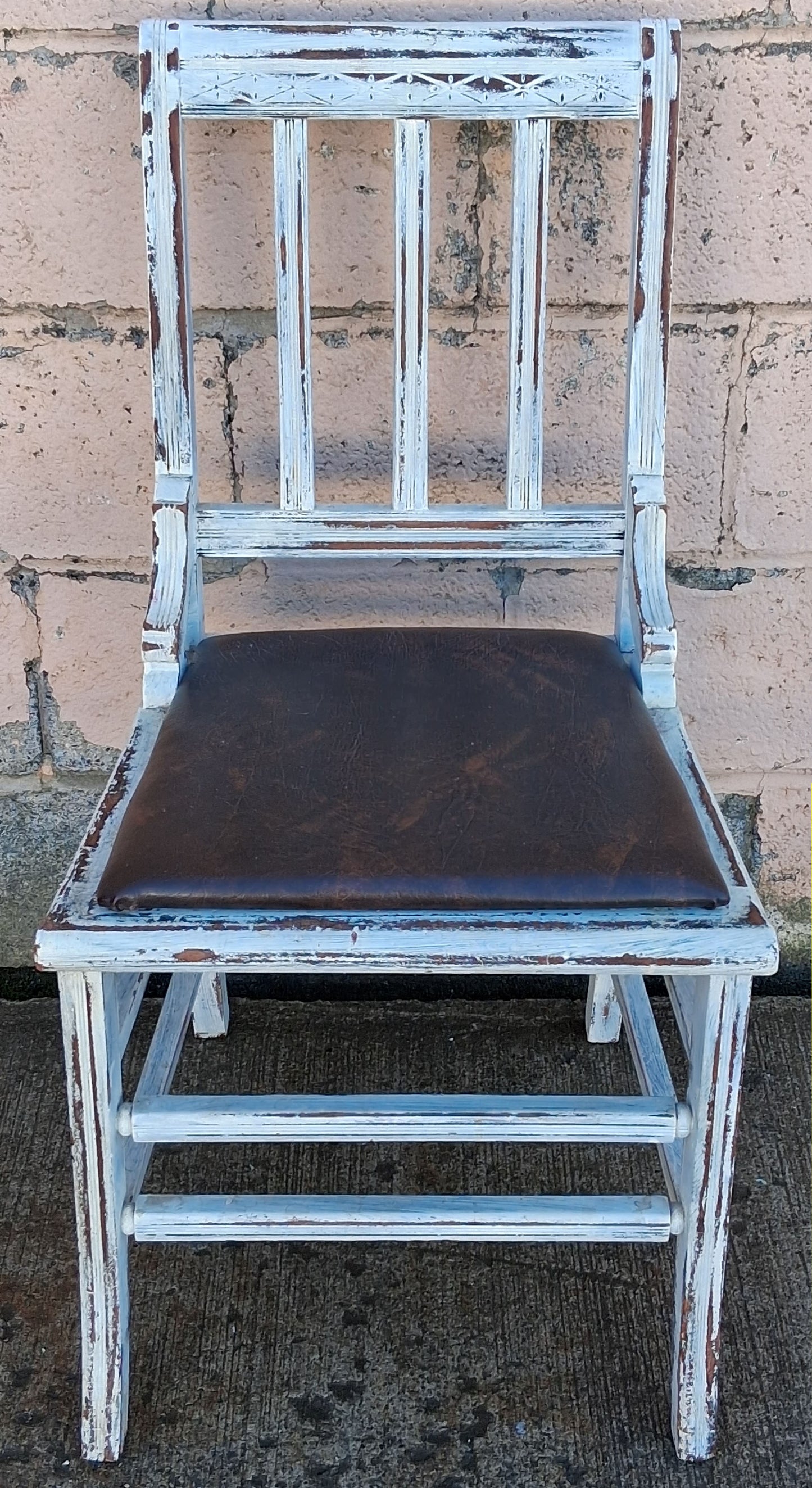 Antique Vintage Distressed Farmhouse Painted Reclaimed Salvaged SOLID Wood Wooden Side Dining Lounge Accent Chair Upholstered Vinyl Fabric Seat