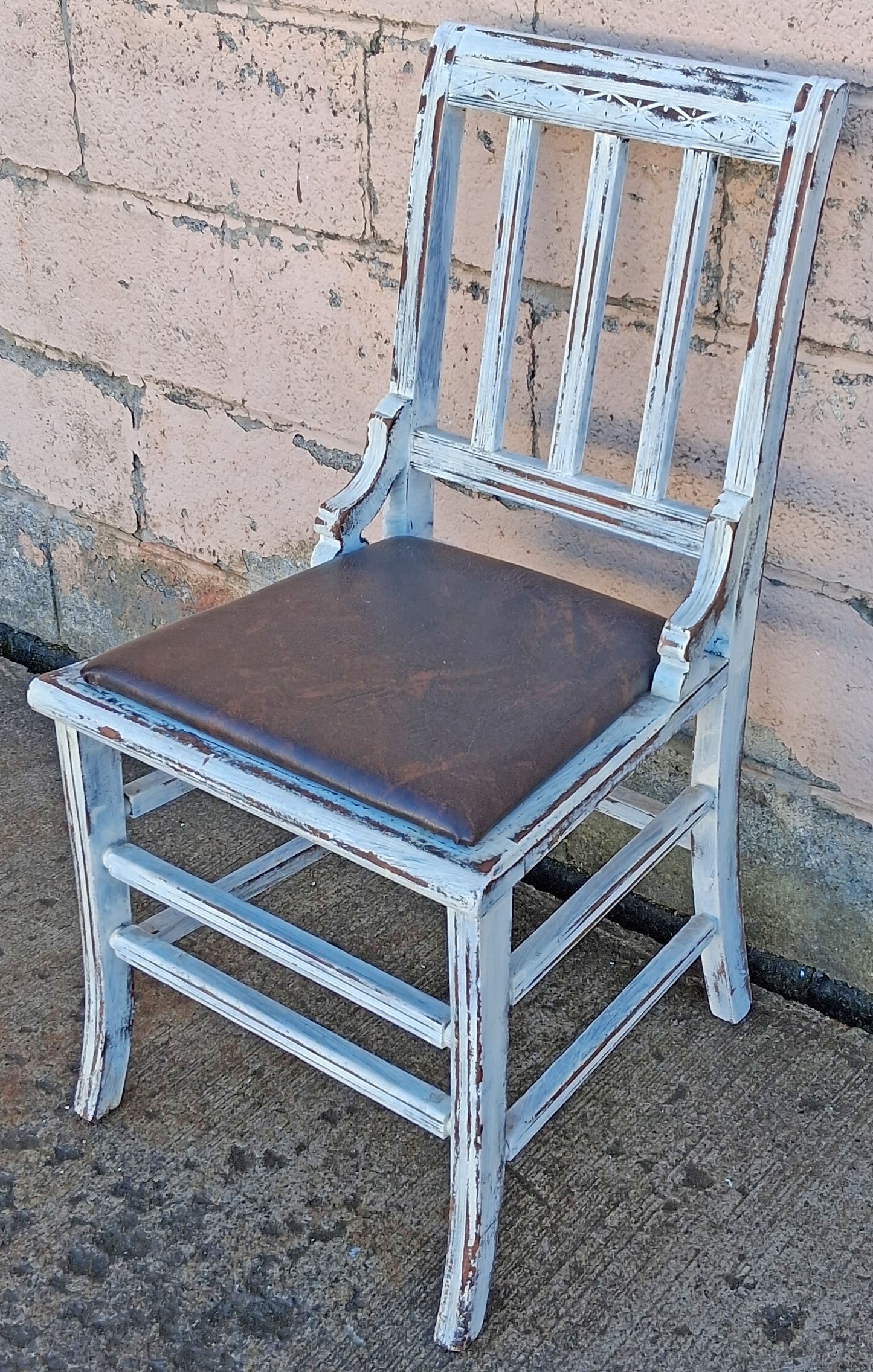 Antique Vintage Distressed Farmhouse Painted Reclaimed Salvaged SOLID Wood Wooden Side Dining Lounge Accent Chair Upholstered Vinyl Fabric Seat