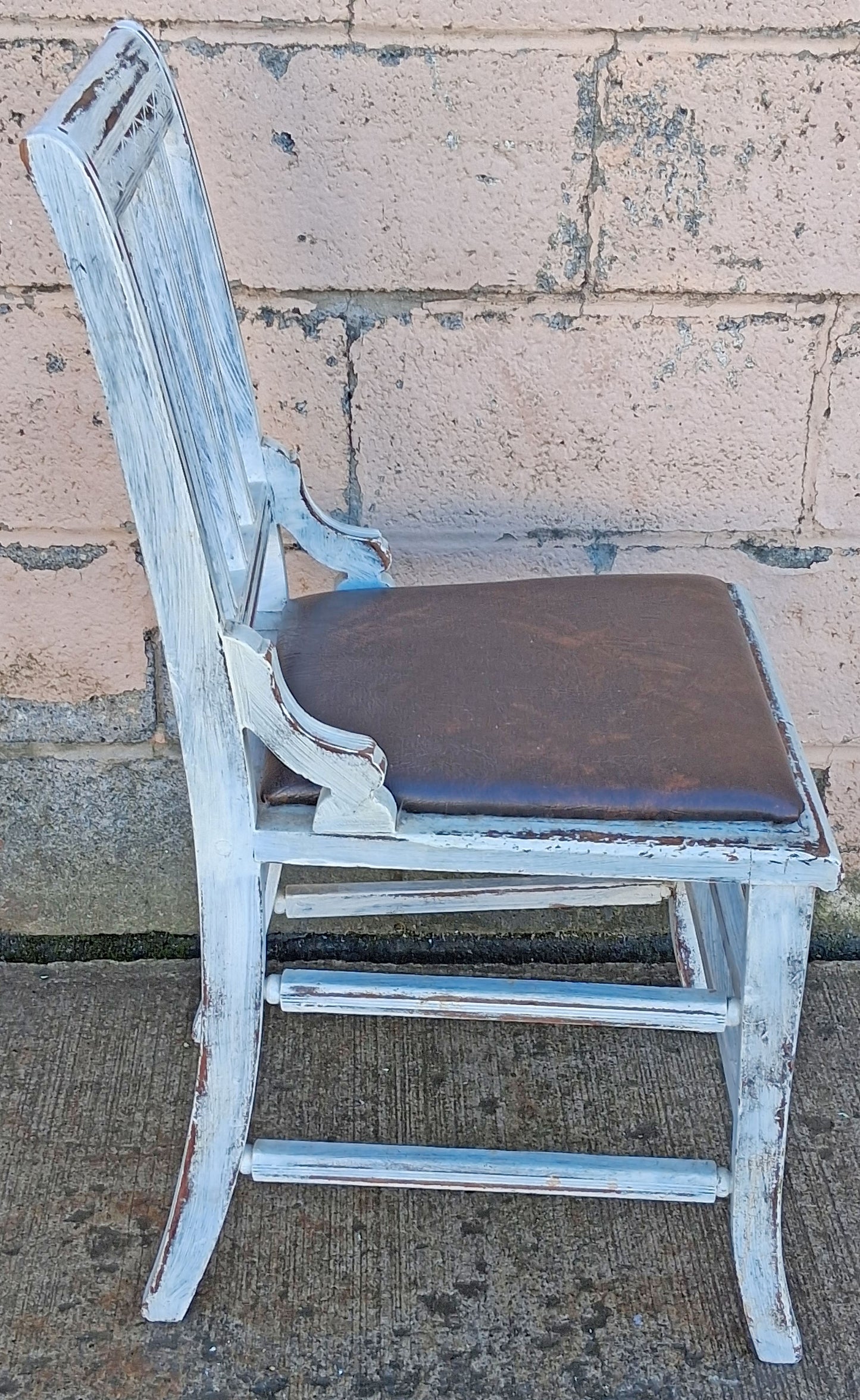 Antique Vintage Distressed Farmhouse Painted Reclaimed Salvaged SOLID Wood Wooden Side Dining Lounge Accent Chair Upholstered Vinyl Fabric Seat