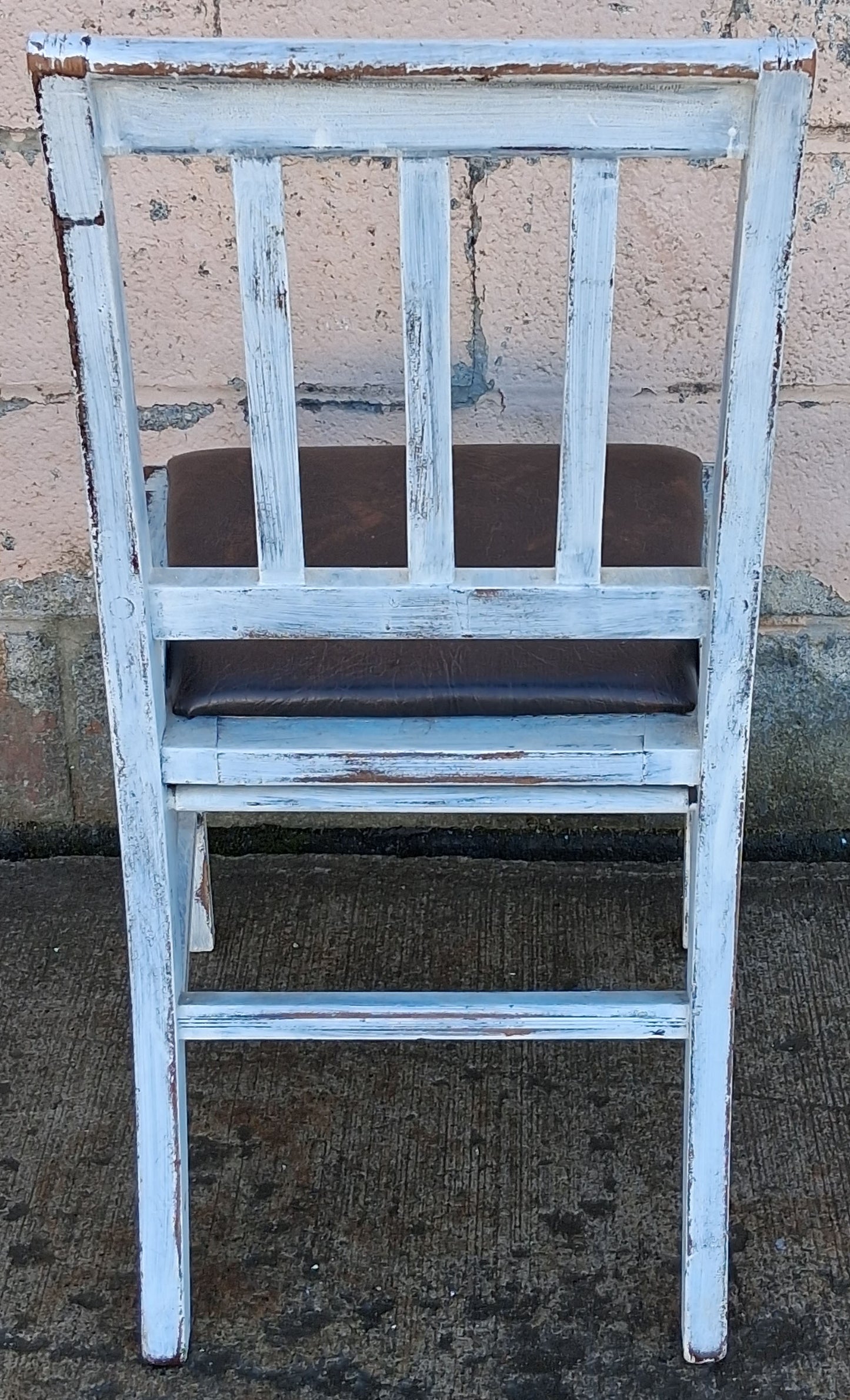 Antique Vintage Distressed Farmhouse Painted Reclaimed Salvaged SOLID Wood Wooden Side Dining Lounge Accent Chair Upholstered Vinyl Fabric Seat