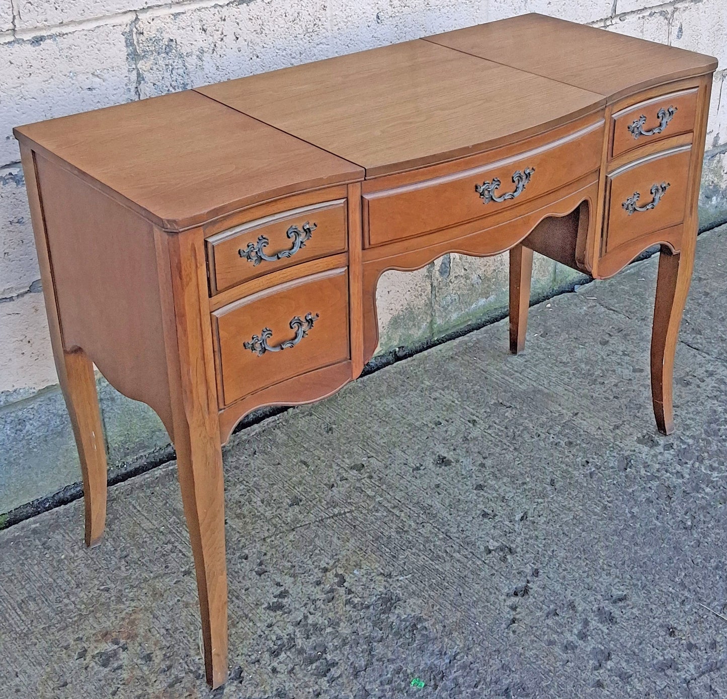 Vintage Antique Old Reclaimed Salvaged Drexel French Provincial Solid Wood Wooden Serpentine Writing Office Studio Desk Kneehole Vanity