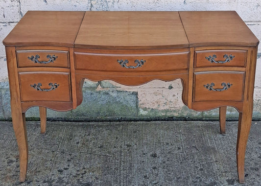 Vintage Antique Old Reclaimed Salvaged Drexel French Provincial Solid Wood Wooden Serpentine Writing Office Studio Desk Kneehole Vanity