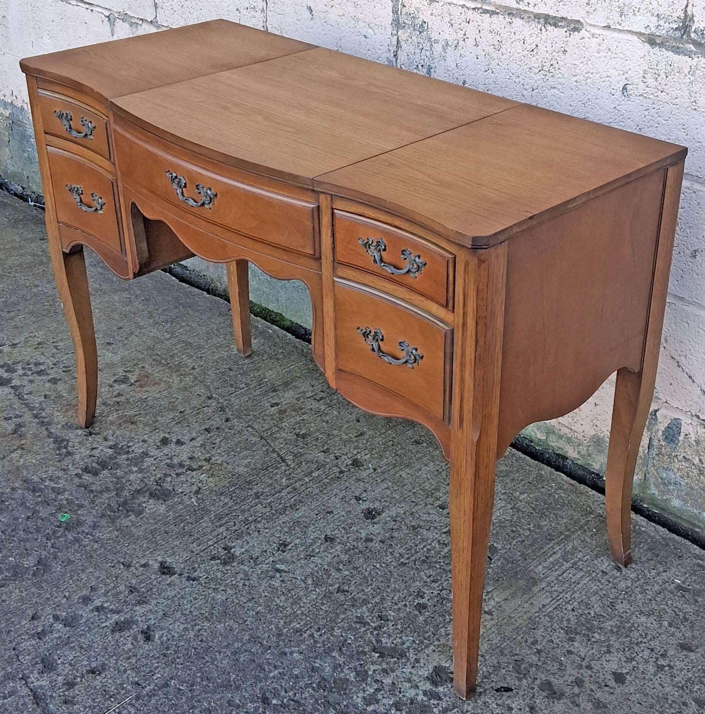 Vintage Antique Old Reclaimed Salvaged Drexel French Provincial Solid Wood Wooden Serpentine Writing Office Studio Desk Kneehole Vanity