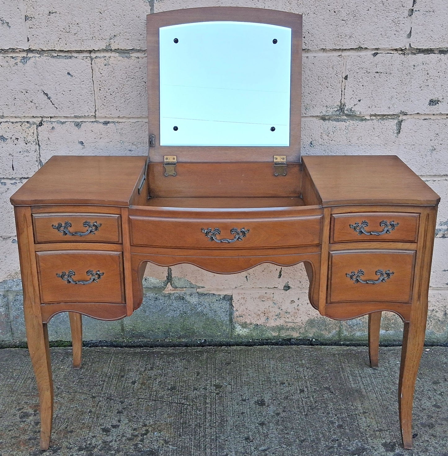 Vintage Antique Old Reclaimed Salvaged Drexel French Provincial Solid Wood Wooden Serpentine Writing Office Studio Desk Kneehole Vanity