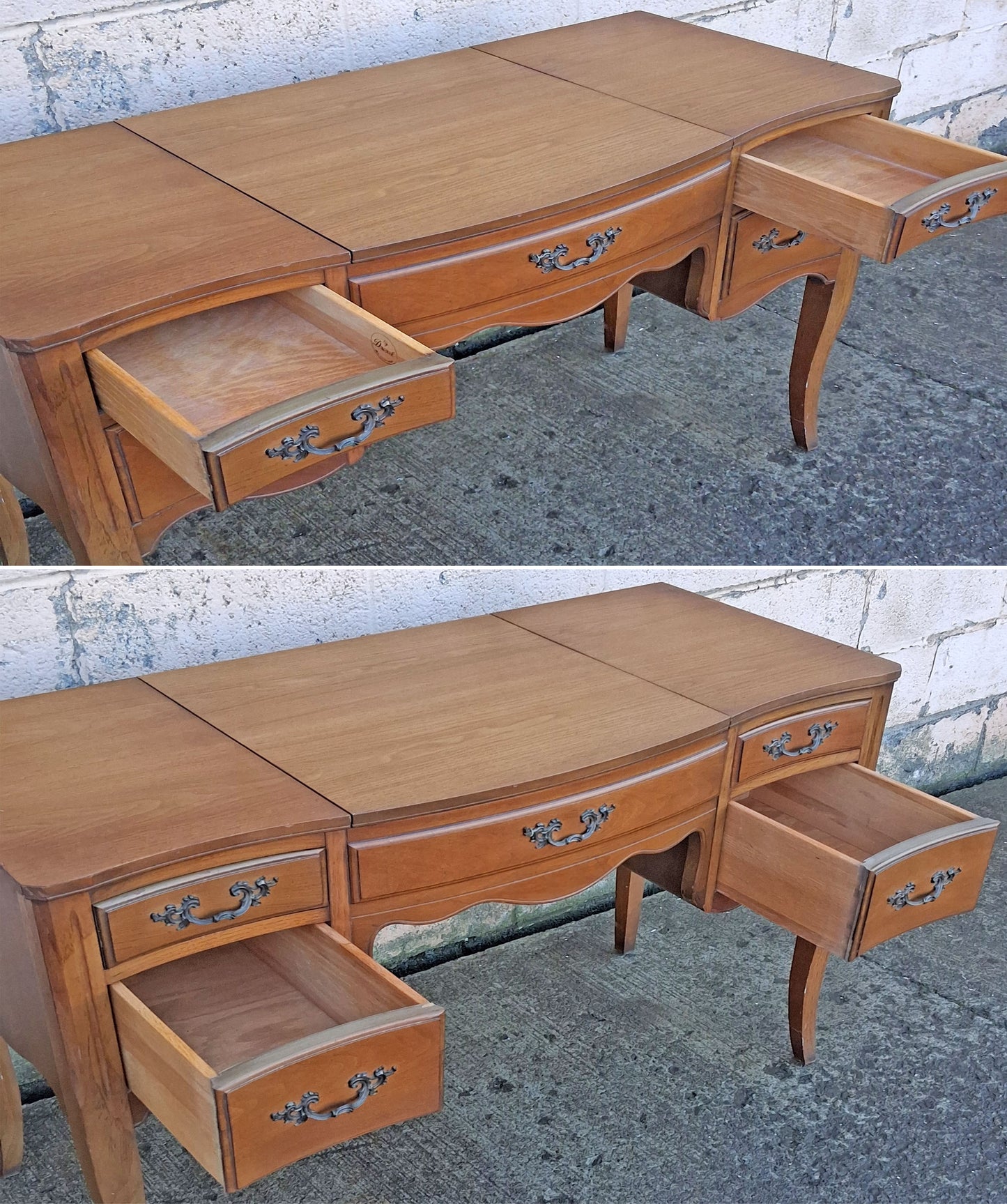 Vintage Antique Old Reclaimed Salvaged Drexel French Provincial Solid Wood Wooden Serpentine Writing Office Studio Desk Kneehole Vanity