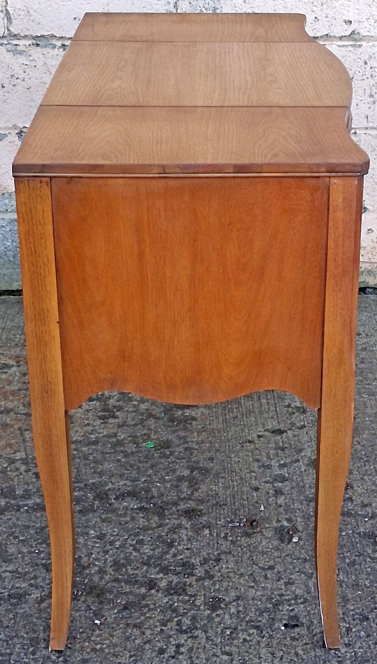 Vintage Antique Old Reclaimed Salvaged Drexel French Provincial Solid Wood Wooden Serpentine Writing Office Studio Desk Kneehole Vanity