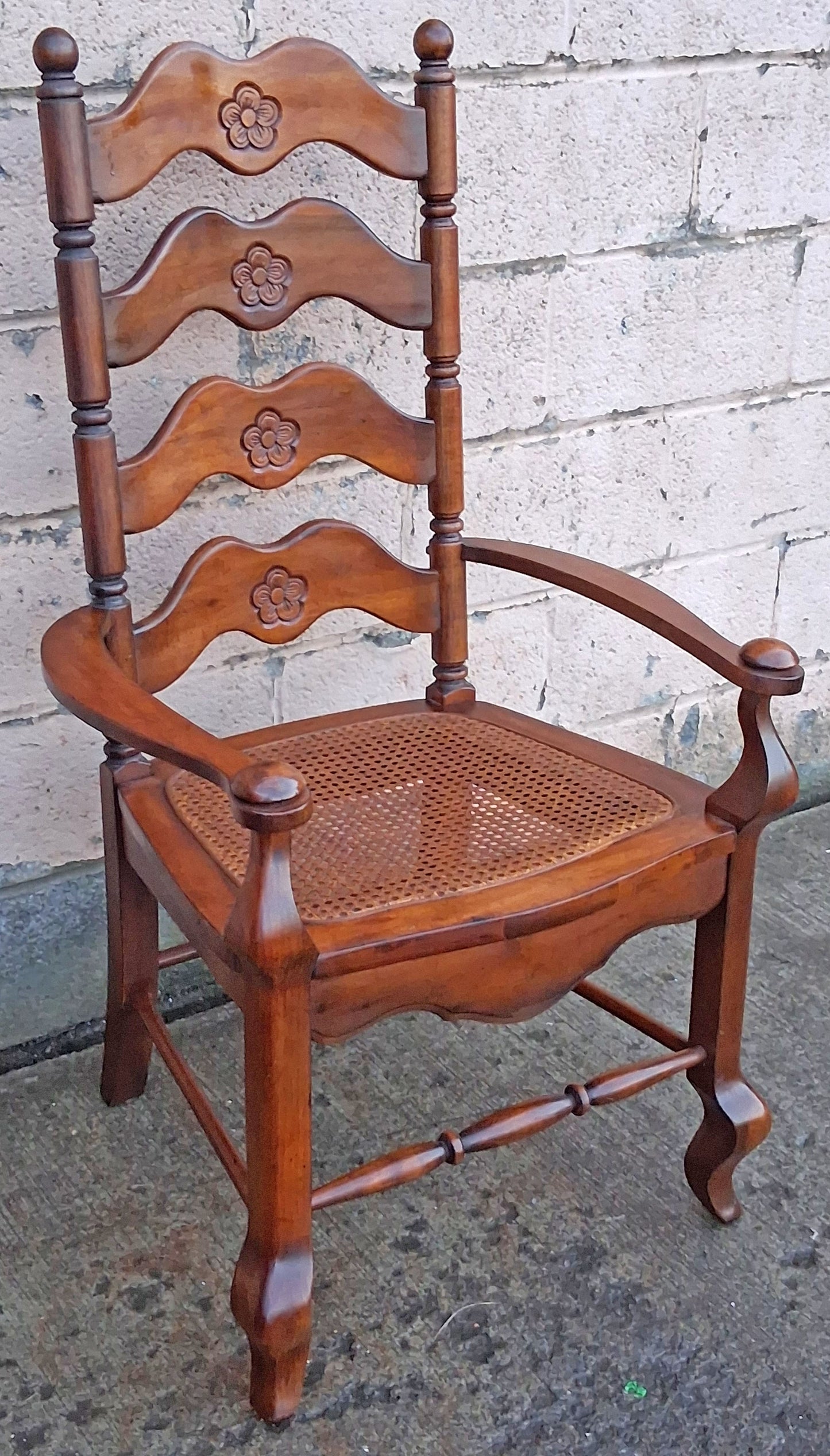 Vintage Antique Old Victorian Ladderback SOLID Wood Wooden Carved Side Dining Accent Desk Arm Chair Caned Cane Seat