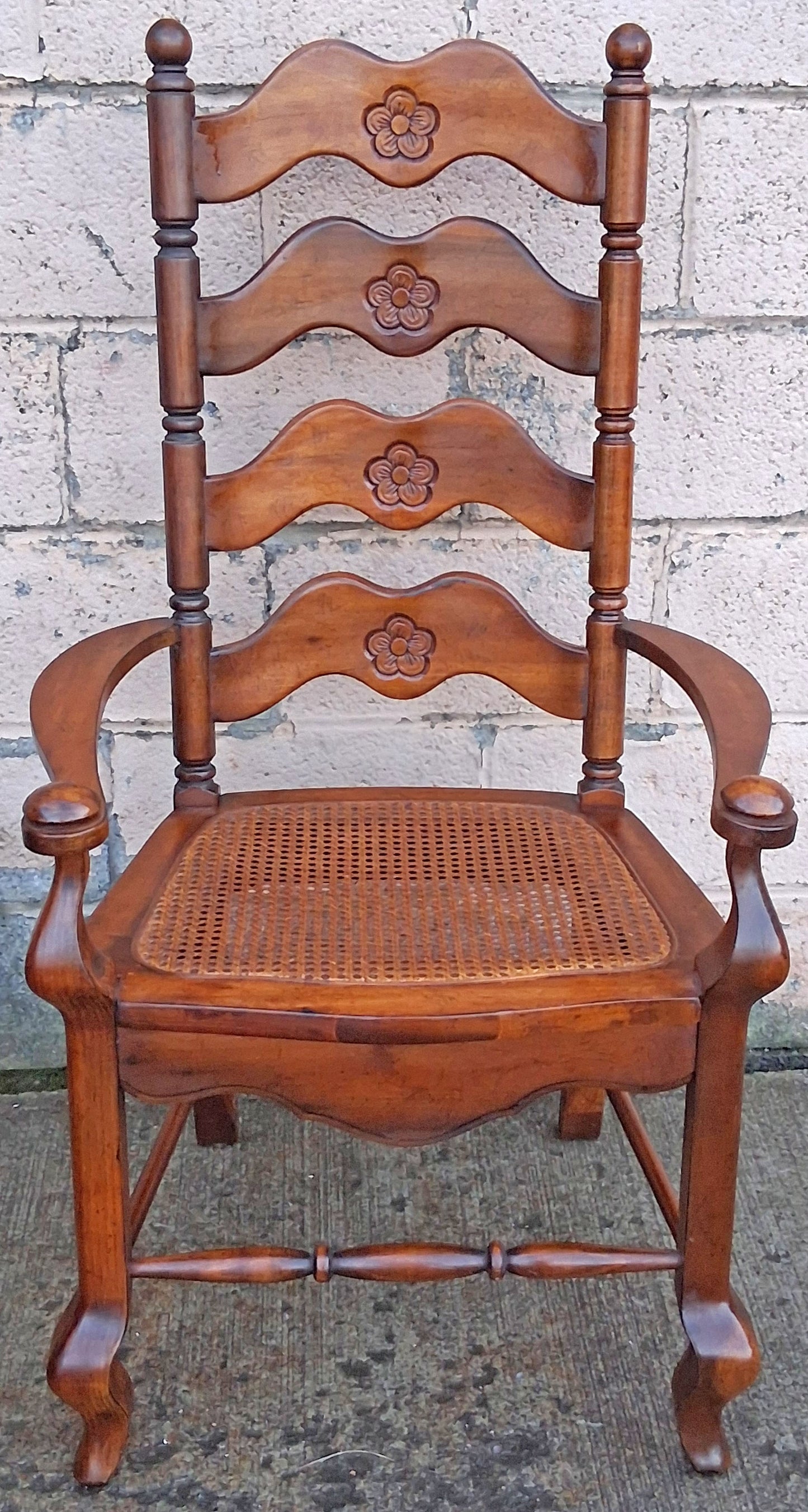 Vintage Antique Old Victorian Ladderback SOLID Wood Wooden Carved Side Dining Accent Desk Arm Chair Caned Cane Seat