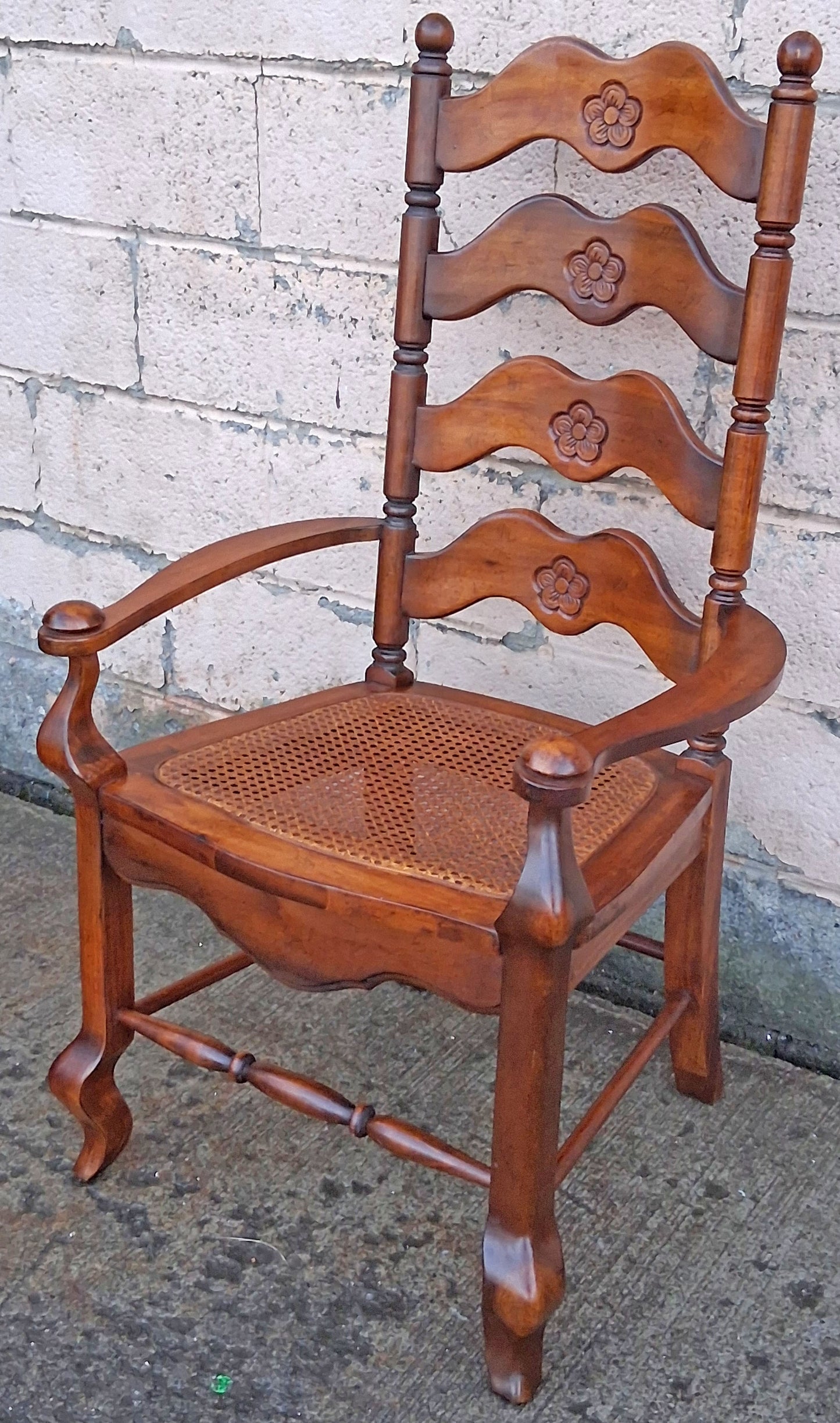 Vintage Antique Old Victorian Ladderback SOLID Wood Wooden Carved Side Dining Accent Desk Arm Chair Caned Cane Seat