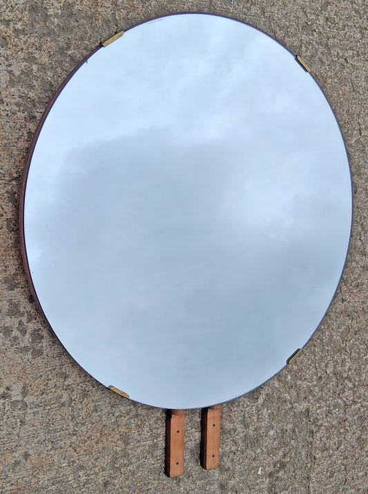 32" Diameter Antique Vintage Distressed Wood Round Circular Vanity Wall Mirror Large Frameless Mid Century Floating Glass Dresser Home Decor