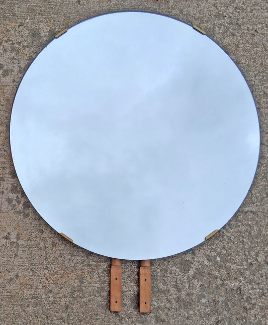 32" Diameter Antique Vintage Distressed Wood Round Circular Vanity Wall Mirror Large Frameless Mid Century Floating Glass Dresser Home Decor