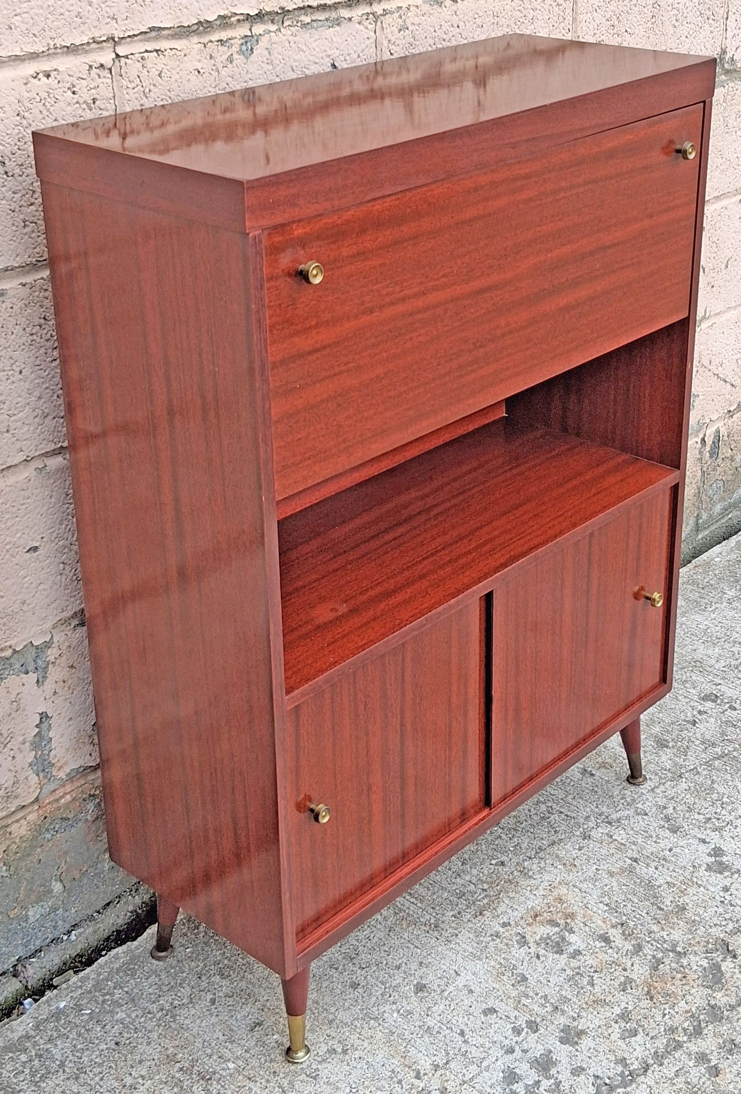 Vintage Mid Century Modern Drop Front Secretary Desk Bar Cabinet Sliding Doors Tapered Peg Legs Retro Small Space Writing Bureau Home Office