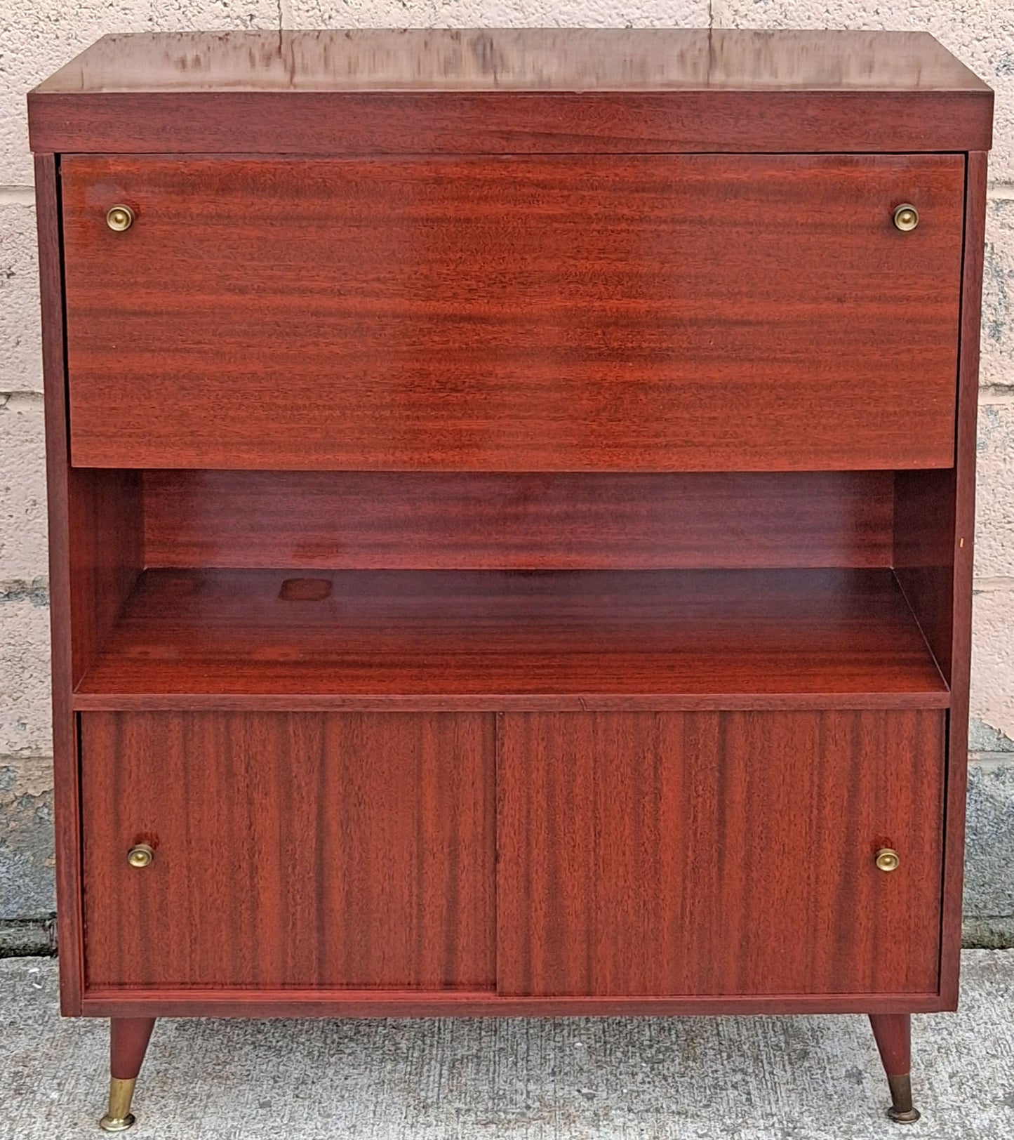 Vintage Mid Century Modern Drop Front Secretary Desk Bar Cabinet Sliding Doors Tapered Peg Legs Retro Small Space Writing Bureau Home Office