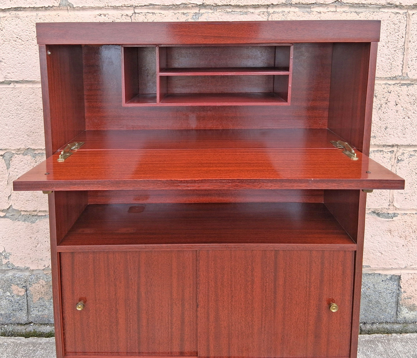 Vintage Mid Century Modern Drop Front Secretary Desk Bar Cabinet Sliding Doors Tapered Peg Legs Retro Small Space Writing Bureau Home Office