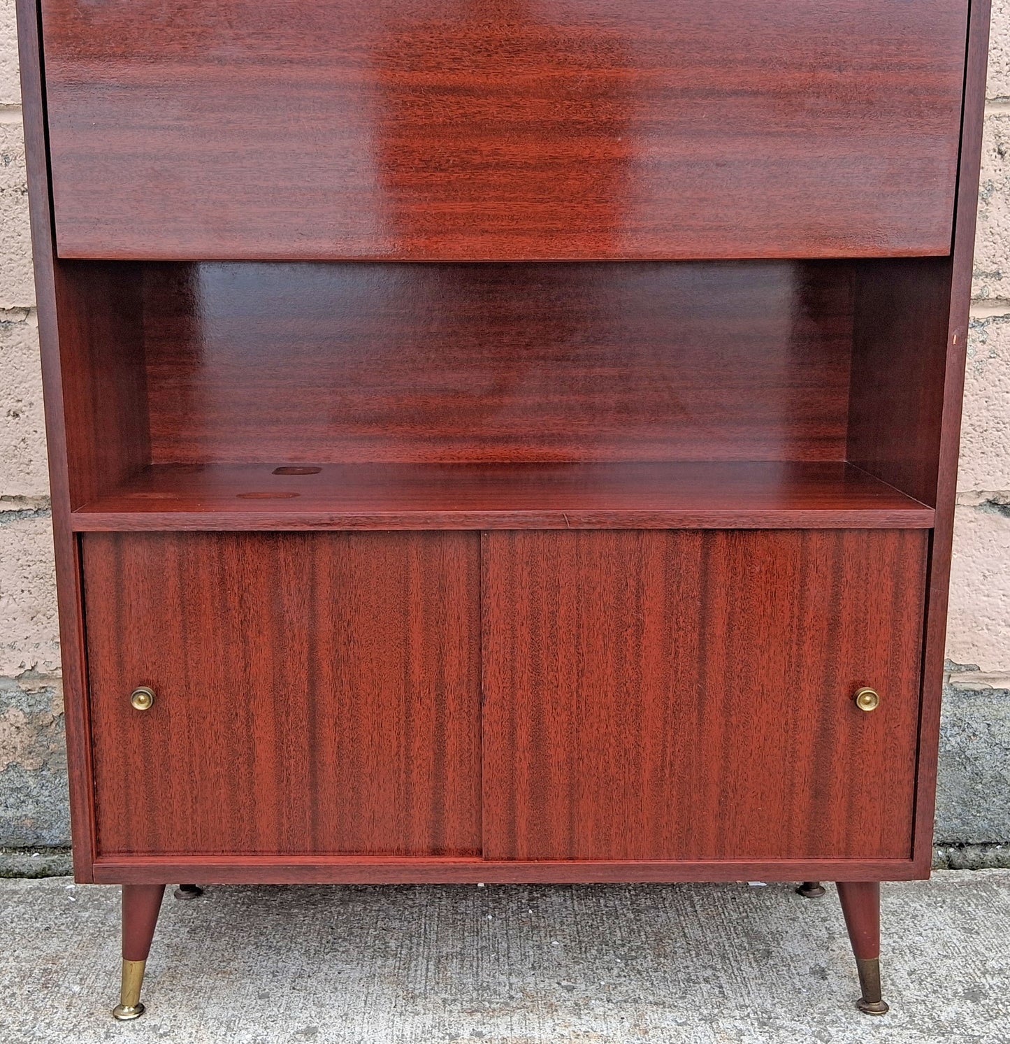 Vintage Mid Century Modern Drop Front Secretary Desk Bar Cabinet Sliding Doors Tapered Peg Legs Retro Small Space Writing Bureau Home Office