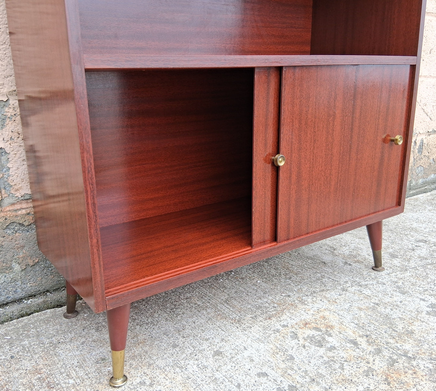 Vintage Mid Century Modern Drop Front Secretary Desk Bar Cabinet Sliding Doors Tapered Peg Legs Retro Small Space Writing Bureau Home Office