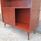 Vintage Mid Century Modern Drop Front Secretary Desk Bar Cabinet Sliding Doors Tapered Peg Legs Retro Small Space Writing Bureau Home Office