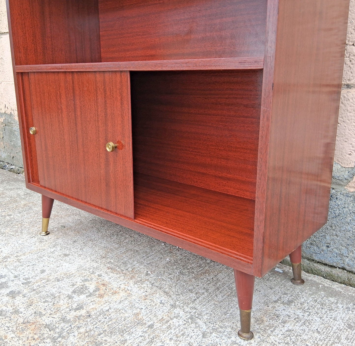 Vintage Mid Century Modern Drop Front Secretary Desk Bar Cabinet Sliding Doors Tapered Peg Legs Retro Small Space Writing Bureau Home Office