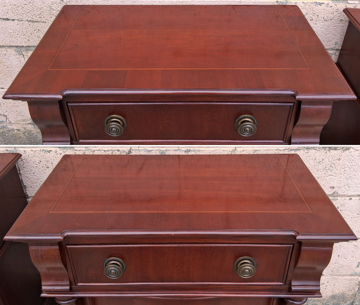 Pair Vintage Traditional Empire Cherry Bowfront Bedside Cabinets 3 Drawer Nightstands End Tables Column Bun Feet High End Bedroom Furniture