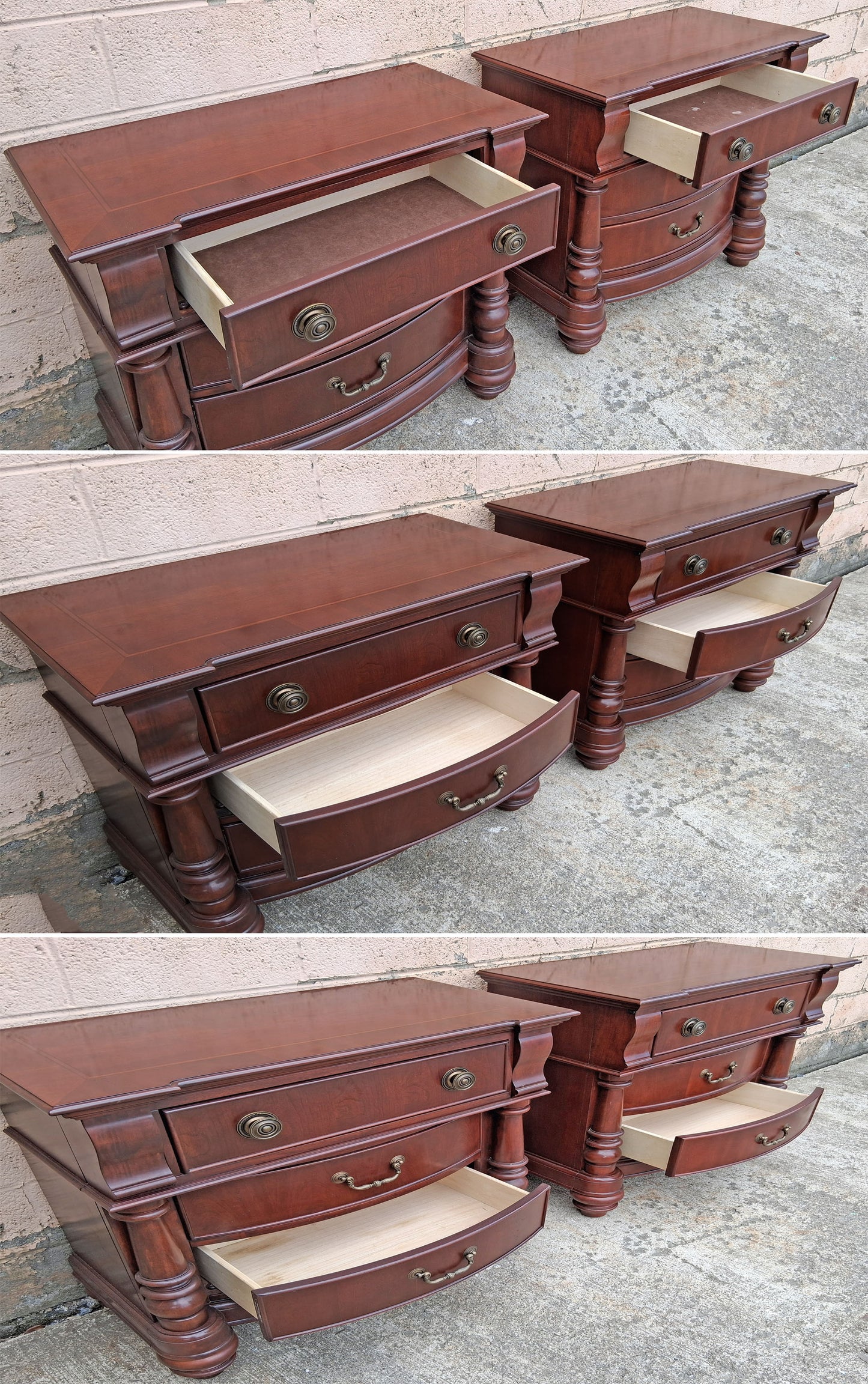 Pair Vintage Traditional Empire Cherry Bowfront Bedside Cabinets 3 Drawer Nightstands End Tables Column Bun Feet High End Bedroom Furniture