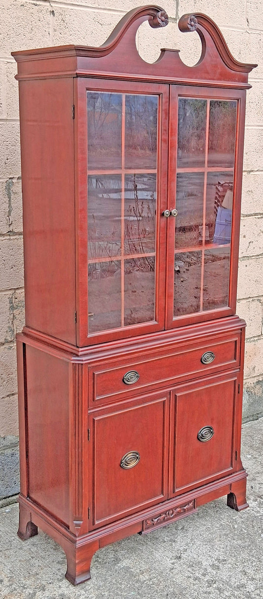Antique Vintage Mahogany Wood China Cabinet Chippendale Federal Hutch Bookcase Library Display Cupboard Broken Arch Pediment Glass Cabinet
