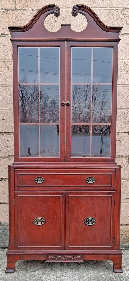Antique Vintage Mahogany Wood China Cabinet Chippendale Federal Hutch Bookcase Library Display Cupboard Broken Arch Pediment Glass Cabinet