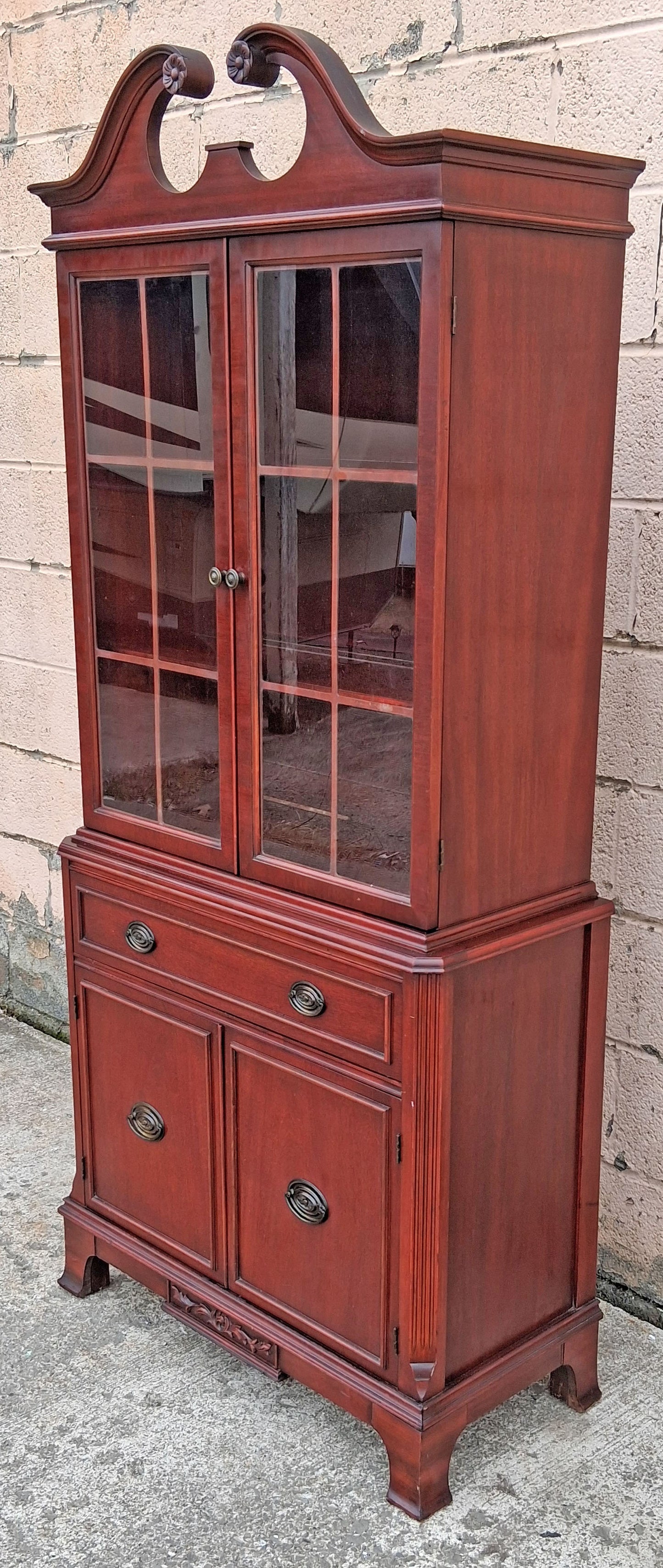 Antique Vintage Mahogany Wood China Cabinet Chippendale Federal Hutch Bookcase Library Display Cupboard Broken Arch Pediment Glass Cabinet