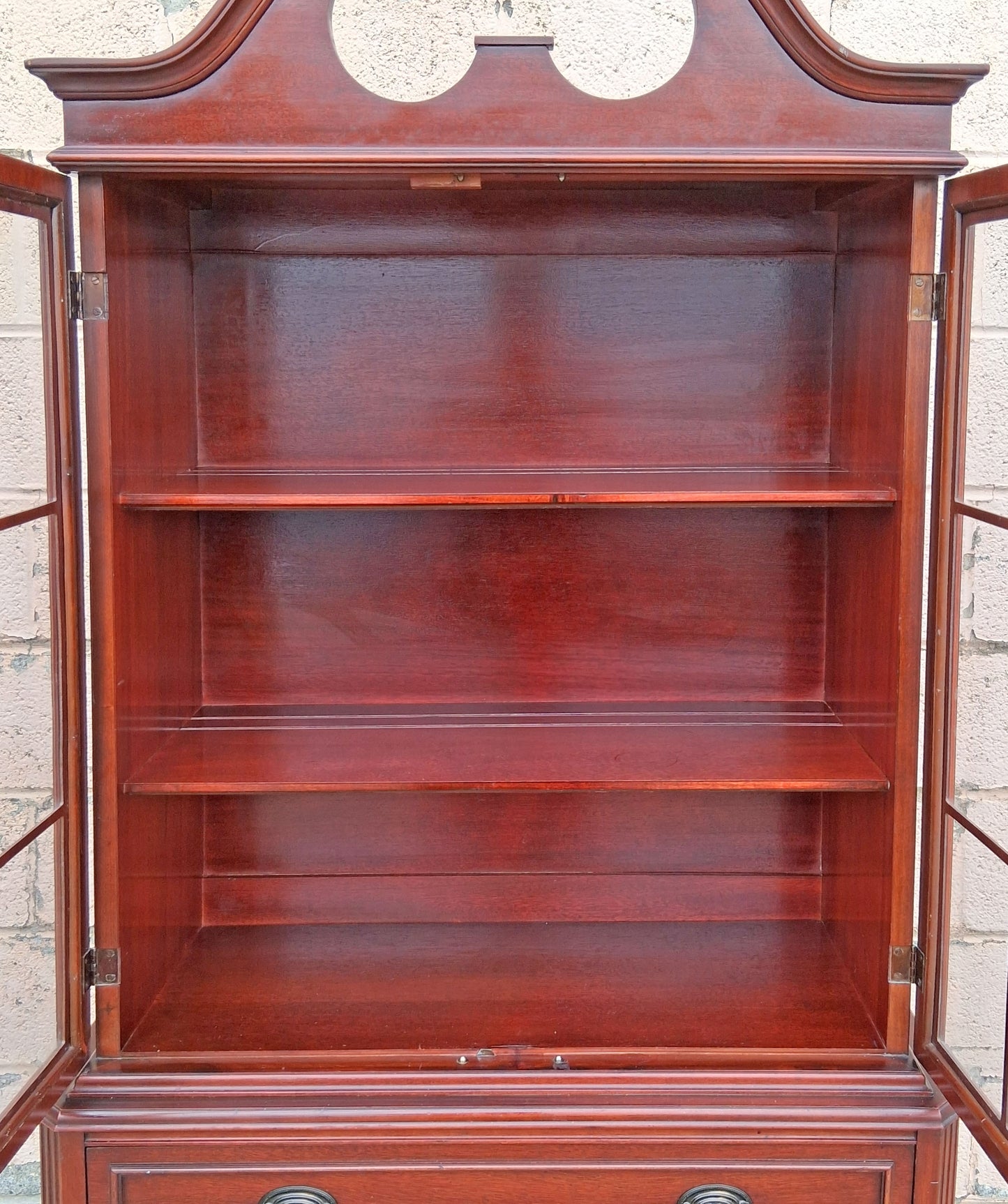 Antique Vintage Mahogany Wood China Cabinet Chippendale Federal Hutch Bookcase Library Display Cupboard Broken Arch Pediment Glass Cabinet