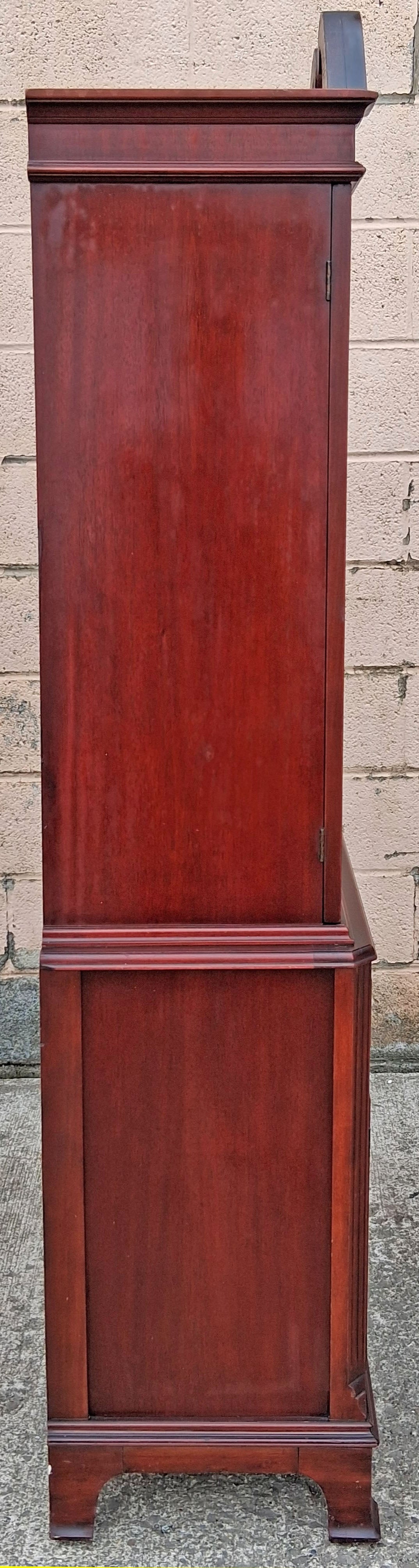 Antique Vintage Mahogany Wood China Cabinet Chippendale Federal Hutch Bookcase Library Display Cupboard Broken Arch Pediment Glass Cabinet