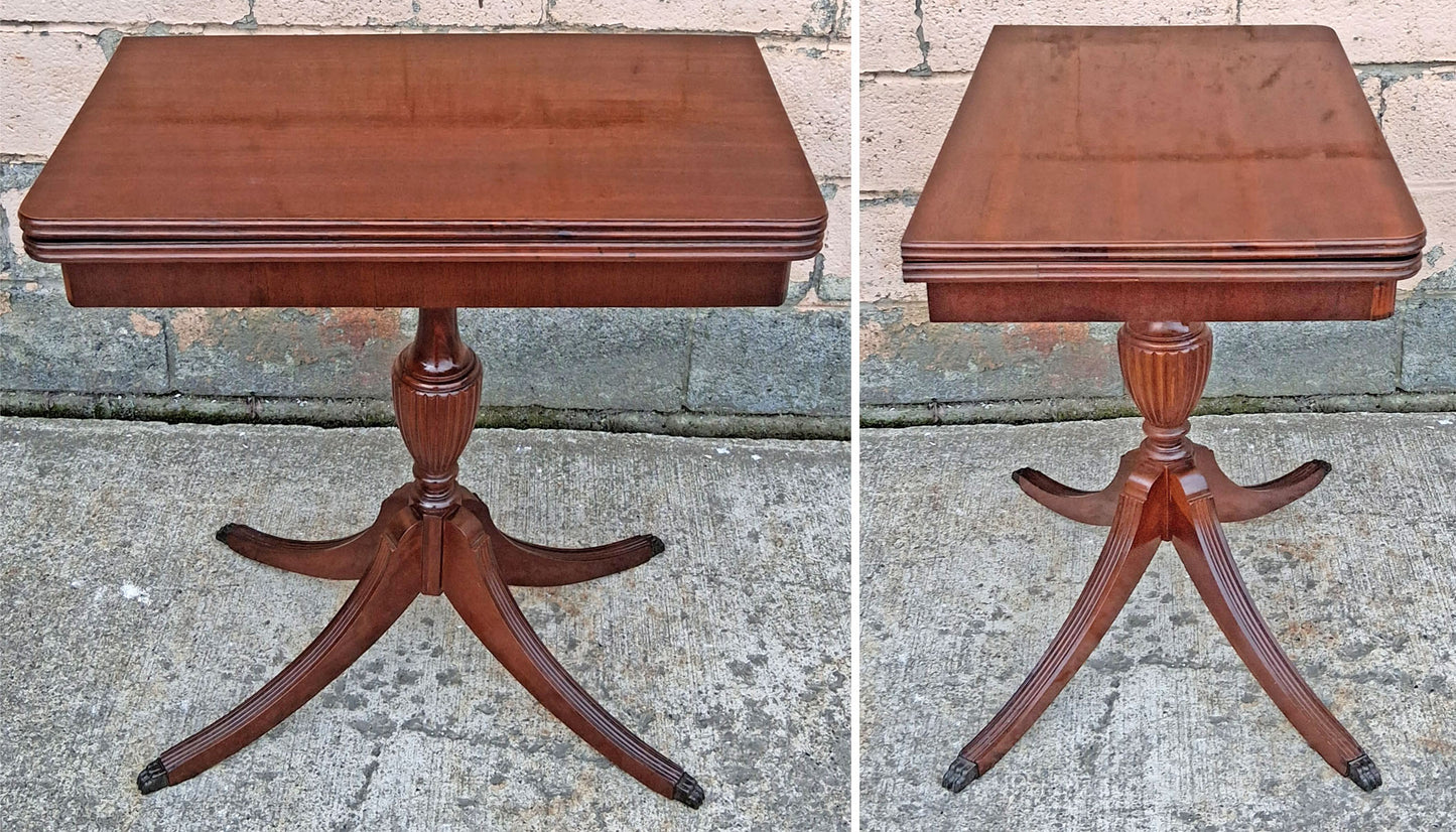 Antique Vintage Mahogany Duncan Phyfe Game Table Flip Top Card Table Folding Pedestal Console Entryway Table Claw Foot Brass Toe Cap Storage
