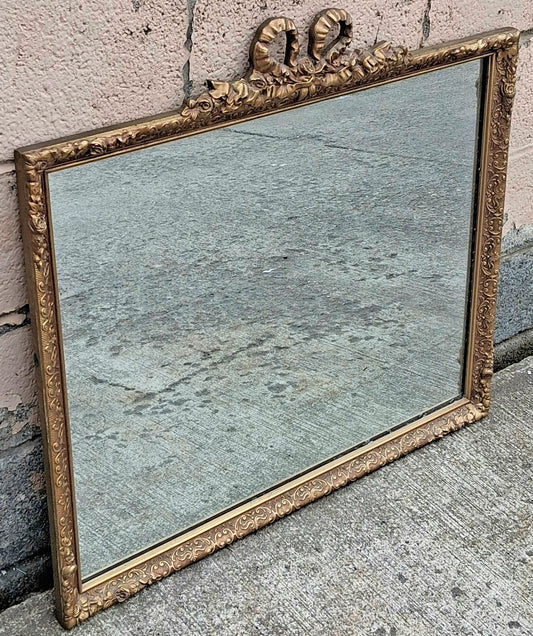 Vintage Antique French Louis XVI Bow Ribbon Crest Horizontal Wall Mirror Ornate Gilded Entryway Vanity Glass Decorative Cottage Decor