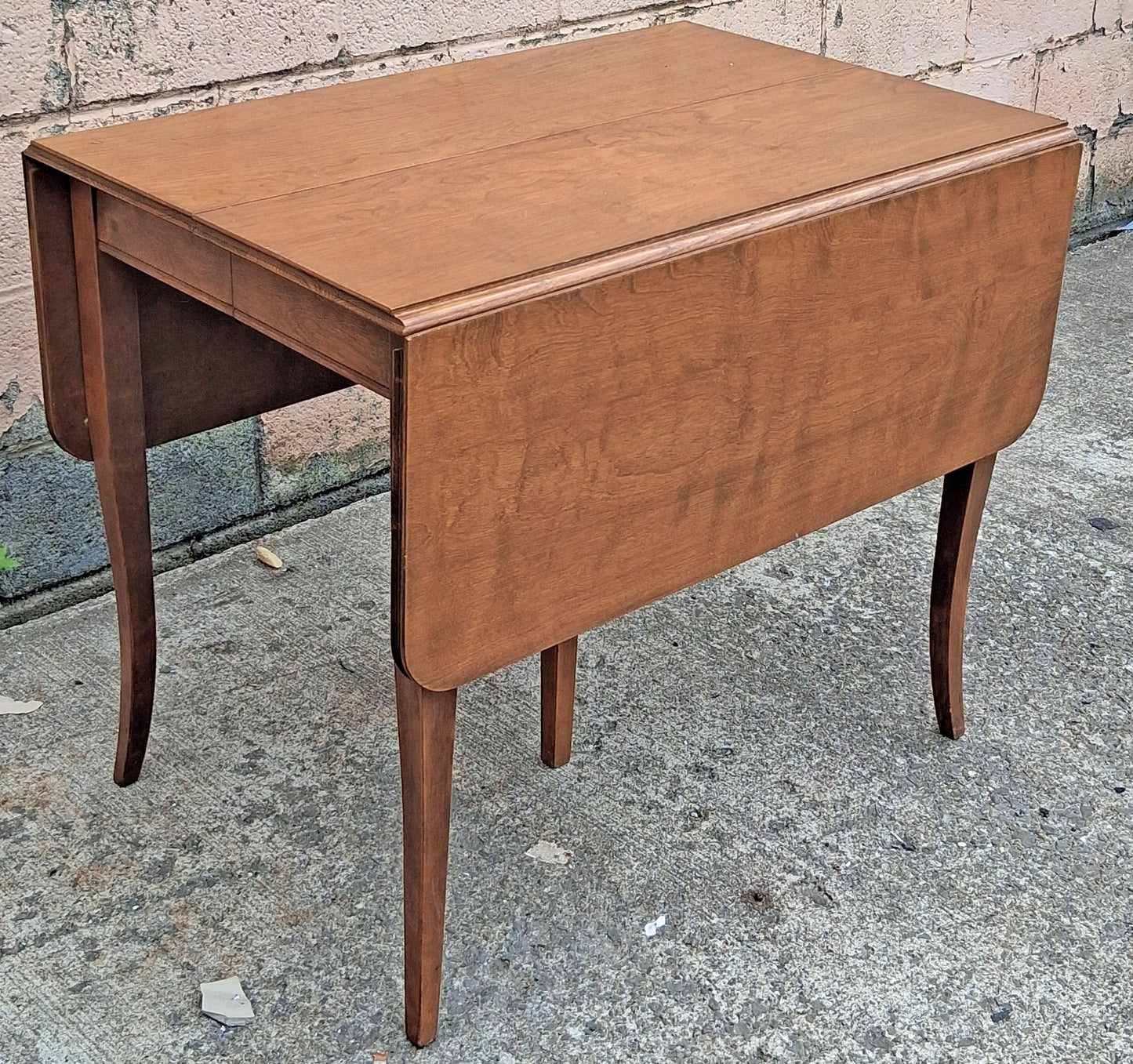 Vintage Antique Old Colonial Revival Mid Century Solid Maple Wood Wooden Drop Leaf Accent Side Dining Breakfast Nook Sabre Leg Table