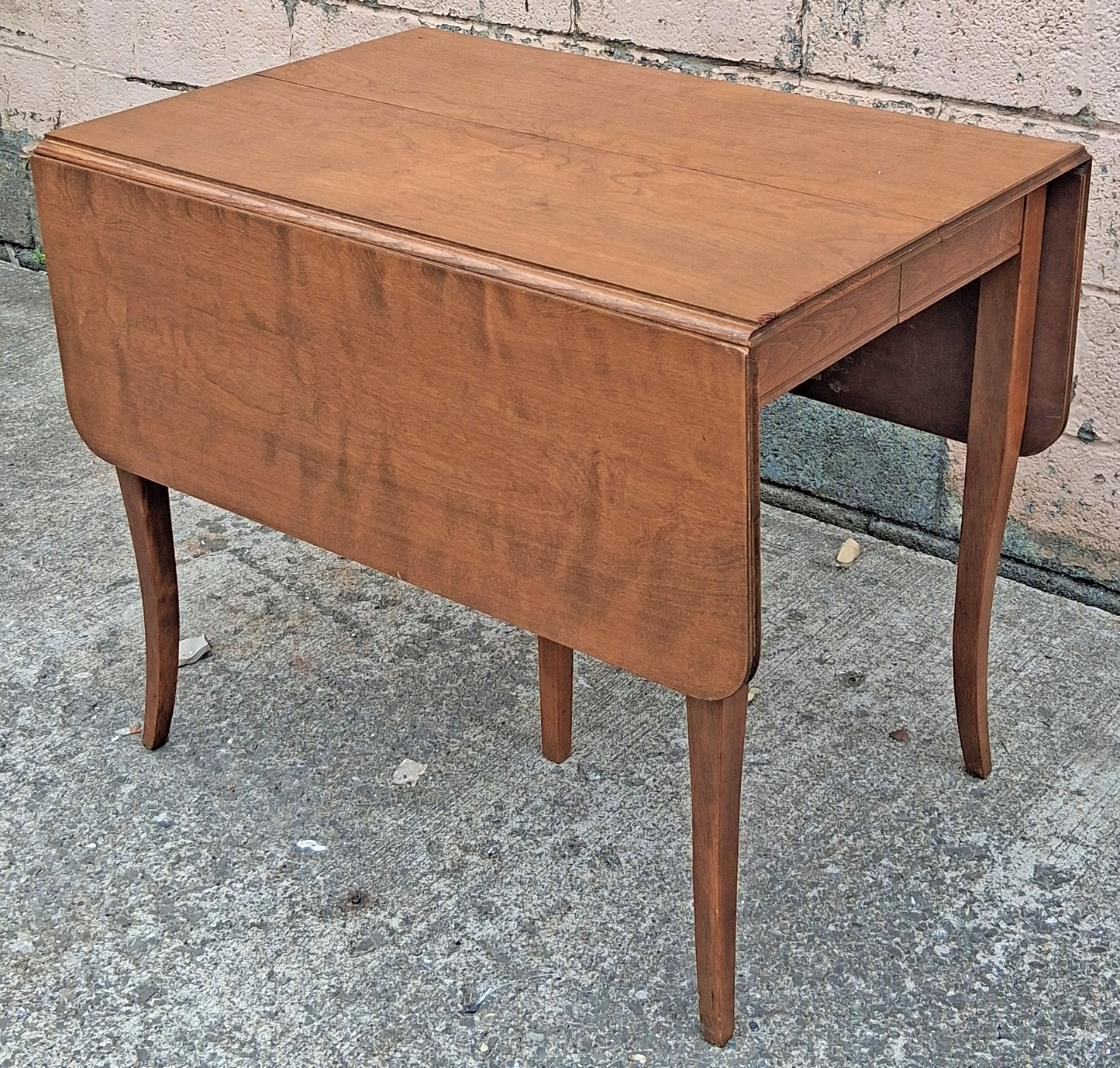 Vintage Antique Old Colonial Revival Mid Century Solid Maple Wood Wooden Drop Leaf Accent Side Dining Breakfast Nook Sabre Leg Table