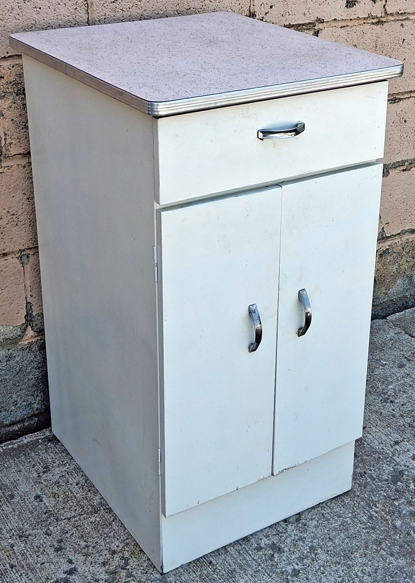 Vintage Antique Mid Century Retro Atomic Era Metal Steel Pantry Bathroom Kitchen Cabinet 1950s White Cracked Ice Formica Top