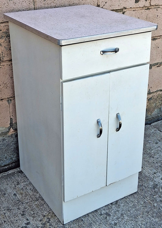 Vintage Antique Mid Century Retro Atomic Era Metal Steel Pantry Bathroom Kitchen Cabinet 1950s White Cracked Ice Formica Top
