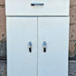 Vintage Antique Mid Century Retro Atomic Era Metal Steel Pantry Bathroom Kitchen Cabinet 1950s White Cracked Ice Formica Top