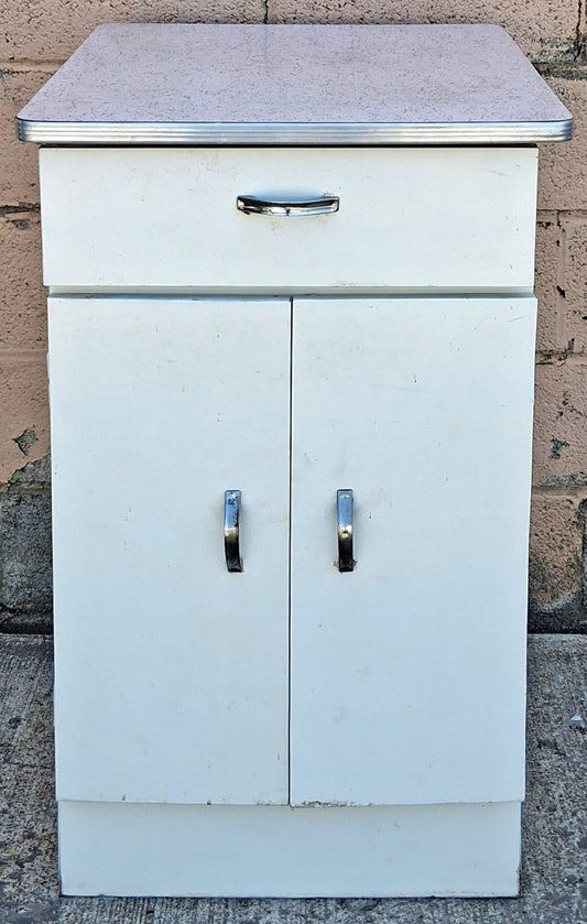 Vintage Antique Mid Century Retro Atomic Era Metal Steel Pantry Bathroom Kitchen Cabinet 1950s White Cracked Ice Formica Top