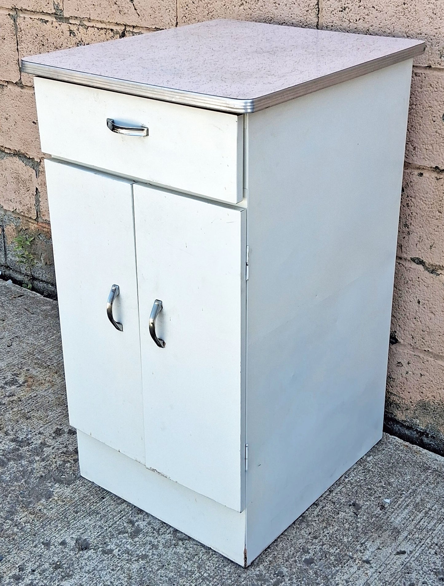 Vintage Antique Mid Century Retro Atomic Era Metal Steel Pantry Bathroom Kitchen Cabinet 1950s White Cracked Ice Formica Top