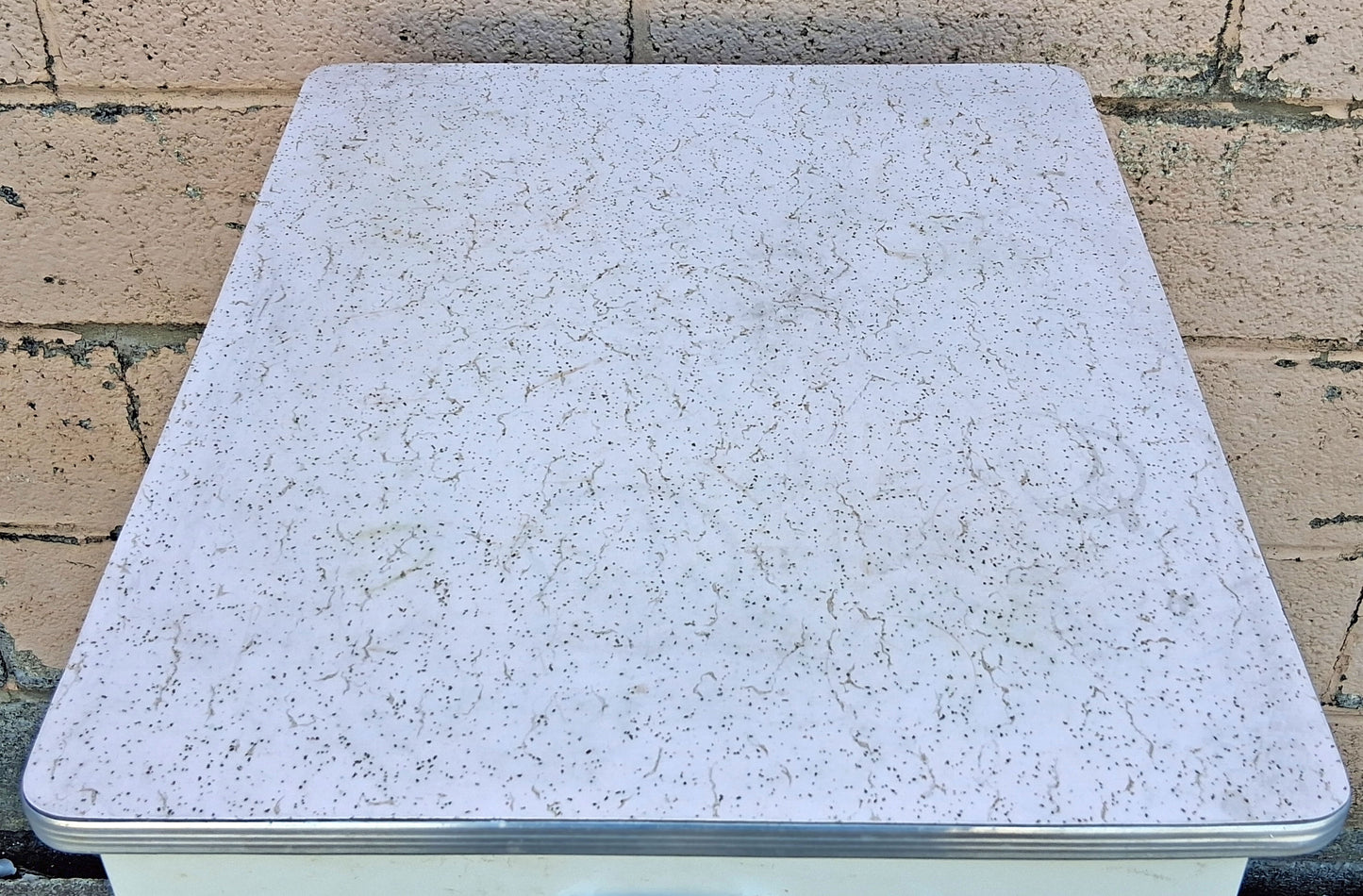 Vintage Antique Mid Century Retro Atomic Era Metal Steel Pantry Bathroom Kitchen Cabinet 1950s White Cracked Ice Formica Top