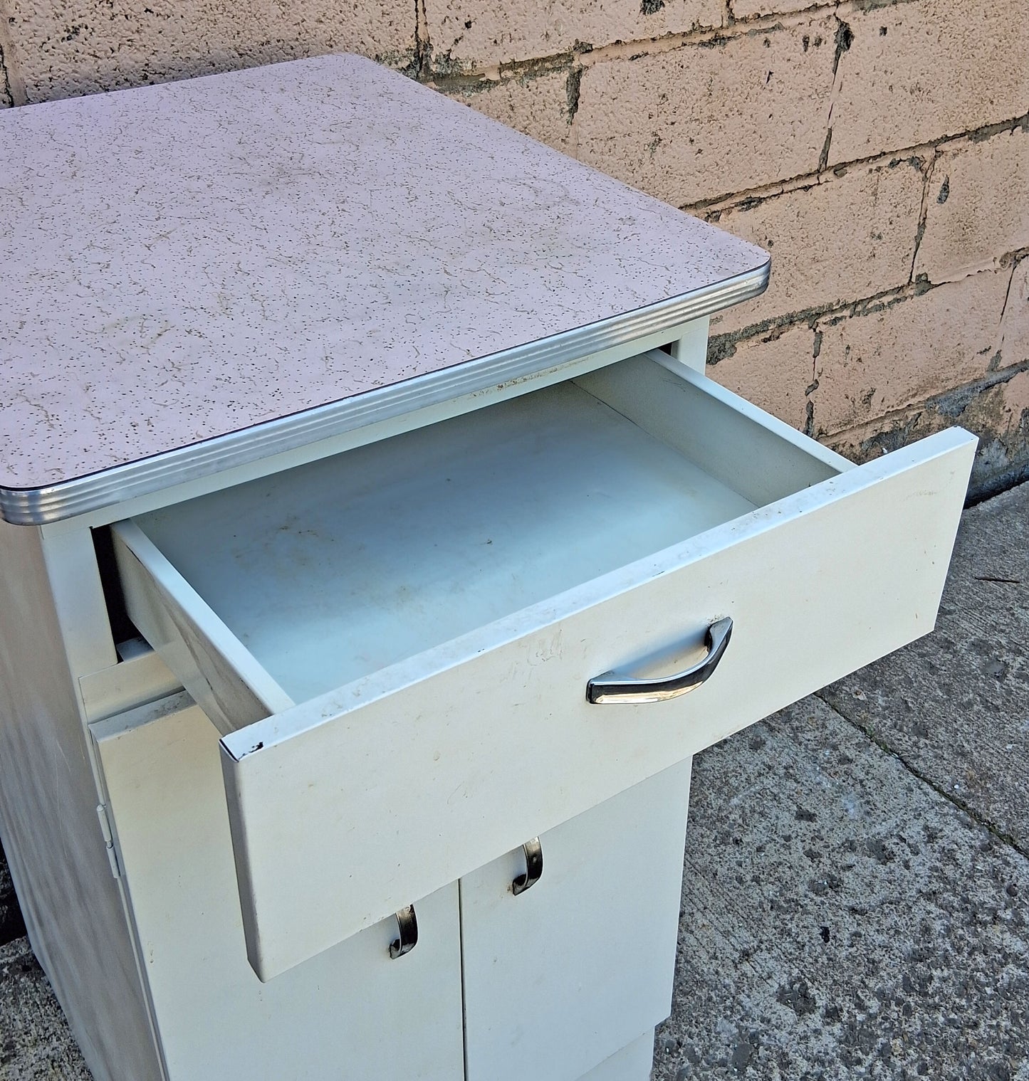 Vintage Antique Mid Century Retro Atomic Era Metal Steel Pantry Bathroom Kitchen Cabinet 1950s White Cracked Ice Formica Top