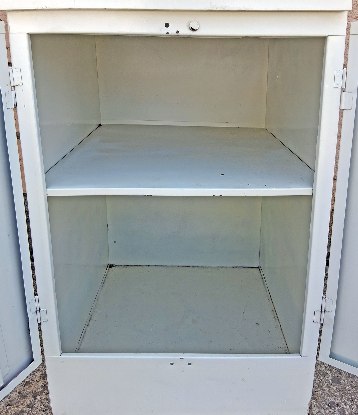 Vintage Antique Mid Century Retro Atomic Era Metal Steel Pantry Bathroom Kitchen Cabinet 1950s White Cracked Ice Formica Top