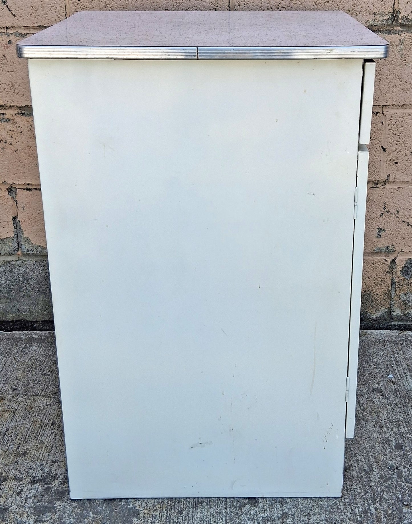 Vintage Antique Mid Century Retro Atomic Era Metal Steel Pantry Bathroom Kitchen Cabinet 1950s White Cracked Ice Formica Top
