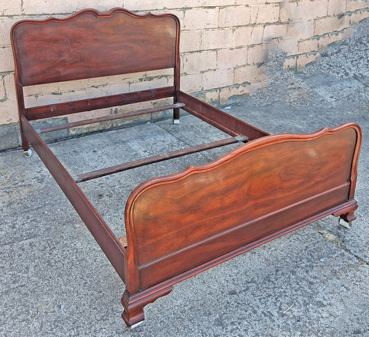 Antique Vintage French Provincial Country Louis XV Mahogany Wood Wooden Serpentine Full Size Bed Frame Headboard Footboard Set