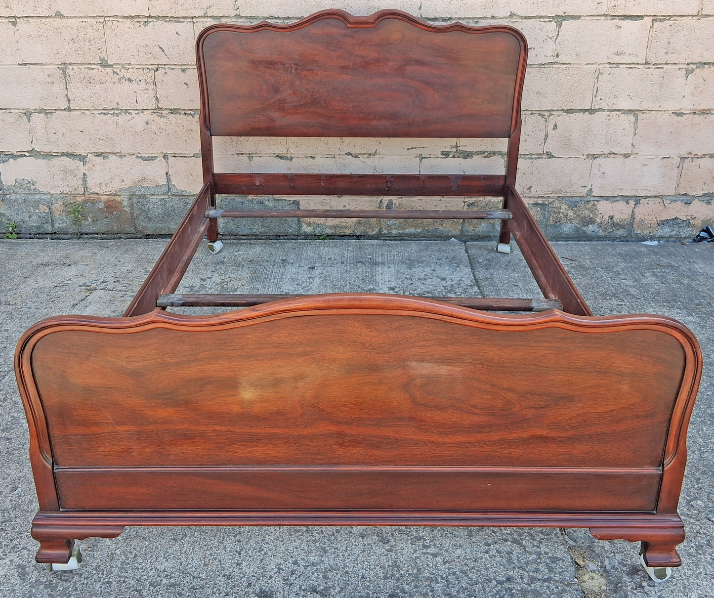 Antique Vintage French Provincial Country Louis XV Mahogany Wood Wooden Serpentine Full Size Bed Frame Headboard Footboard Set