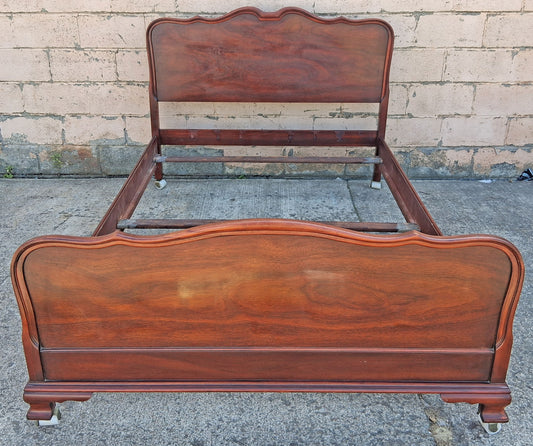 Antique Vintage French Provincial Country Louis XV Mahogany Wood Wooden Serpentine Full Size Bed Frame Headboard Footboard Set