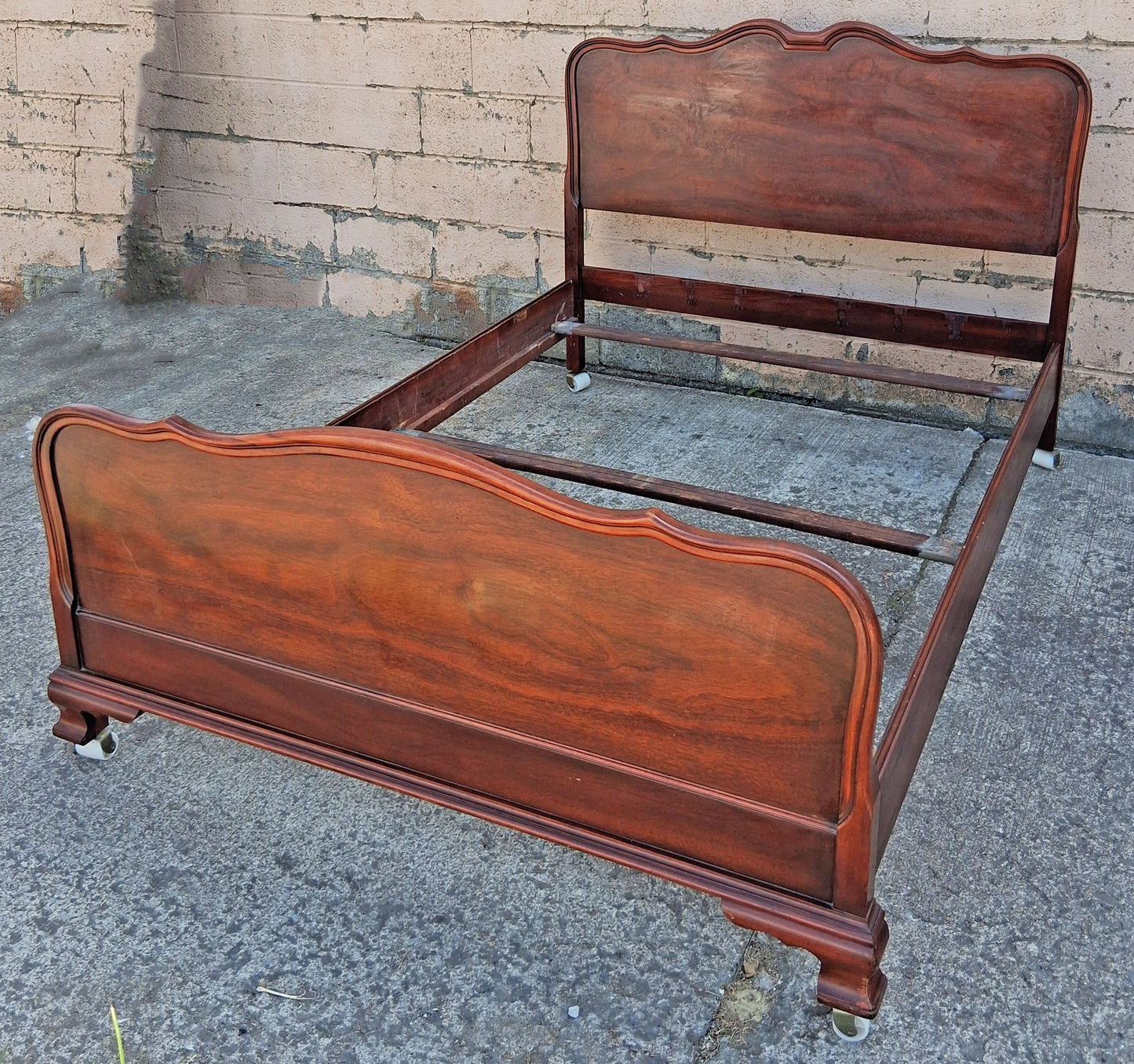 Antique Vintage French Provincial Country Louis XV Mahogany Wood Wooden Serpentine Full Size Bed Frame Headboard Footboard Set