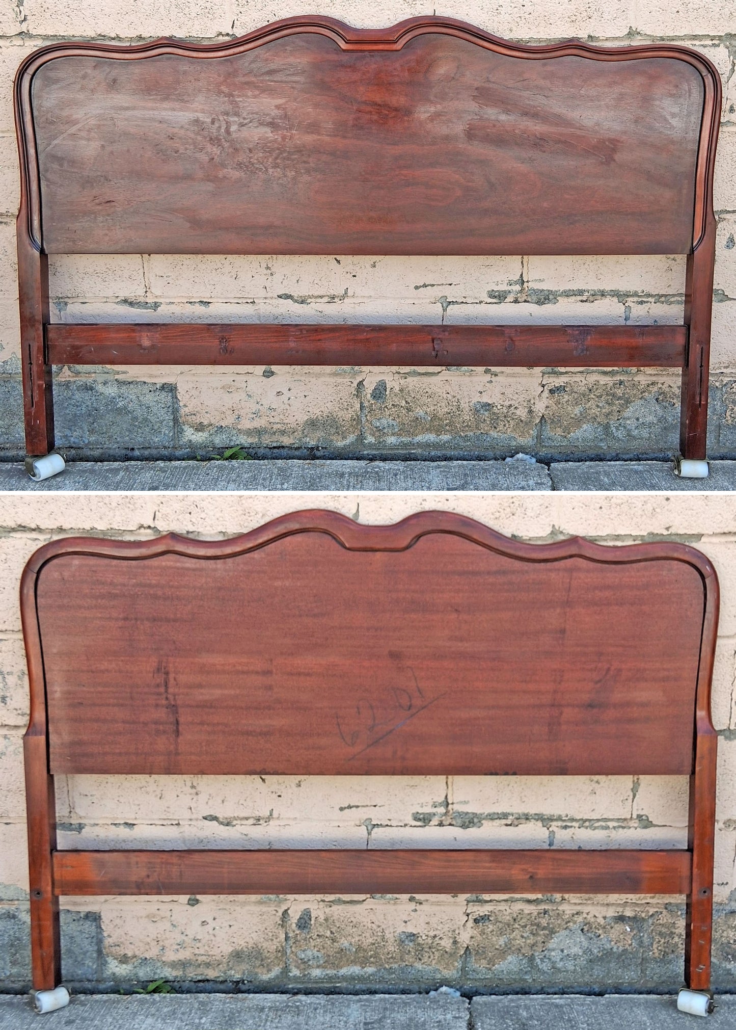 Antique Vintage French Provincial Country Louis XV Mahogany Wood Wooden Serpentine Full Size Bed Frame Headboard Footboard Set