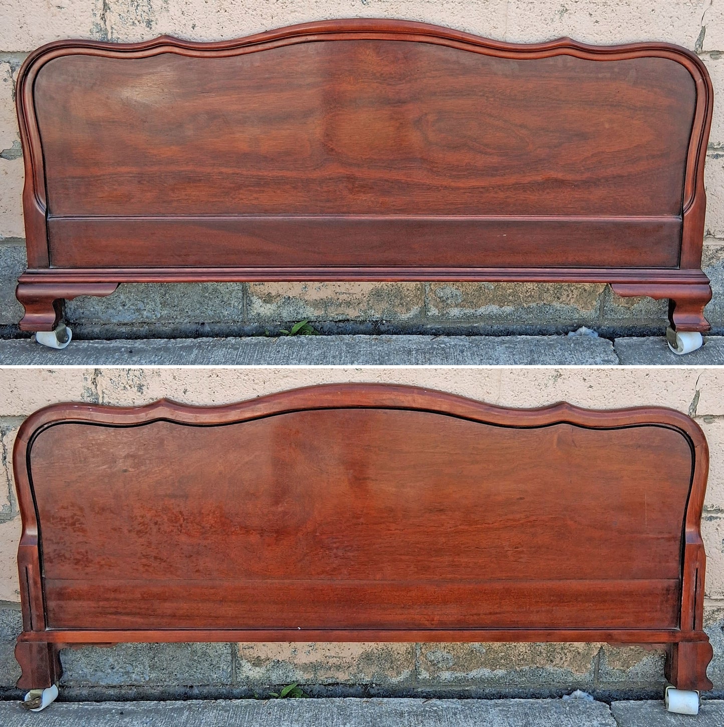 Antique Vintage French Provincial Country Louis XV Mahogany Wood Wooden Serpentine Full Size Bed Frame Headboard Footboard Set